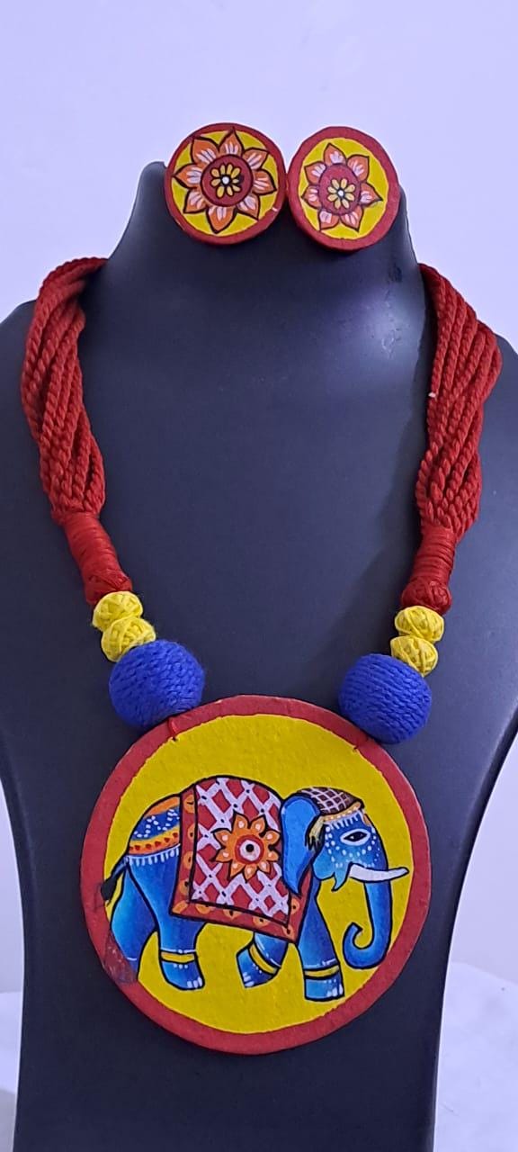 Handpainted fabric jewellery set with matching earrings