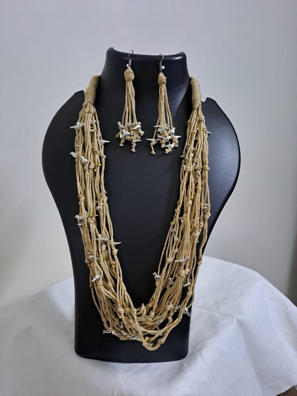 Exclusive handmade thread jewellery necklace set with silver Oxidised small birds n matching earrings