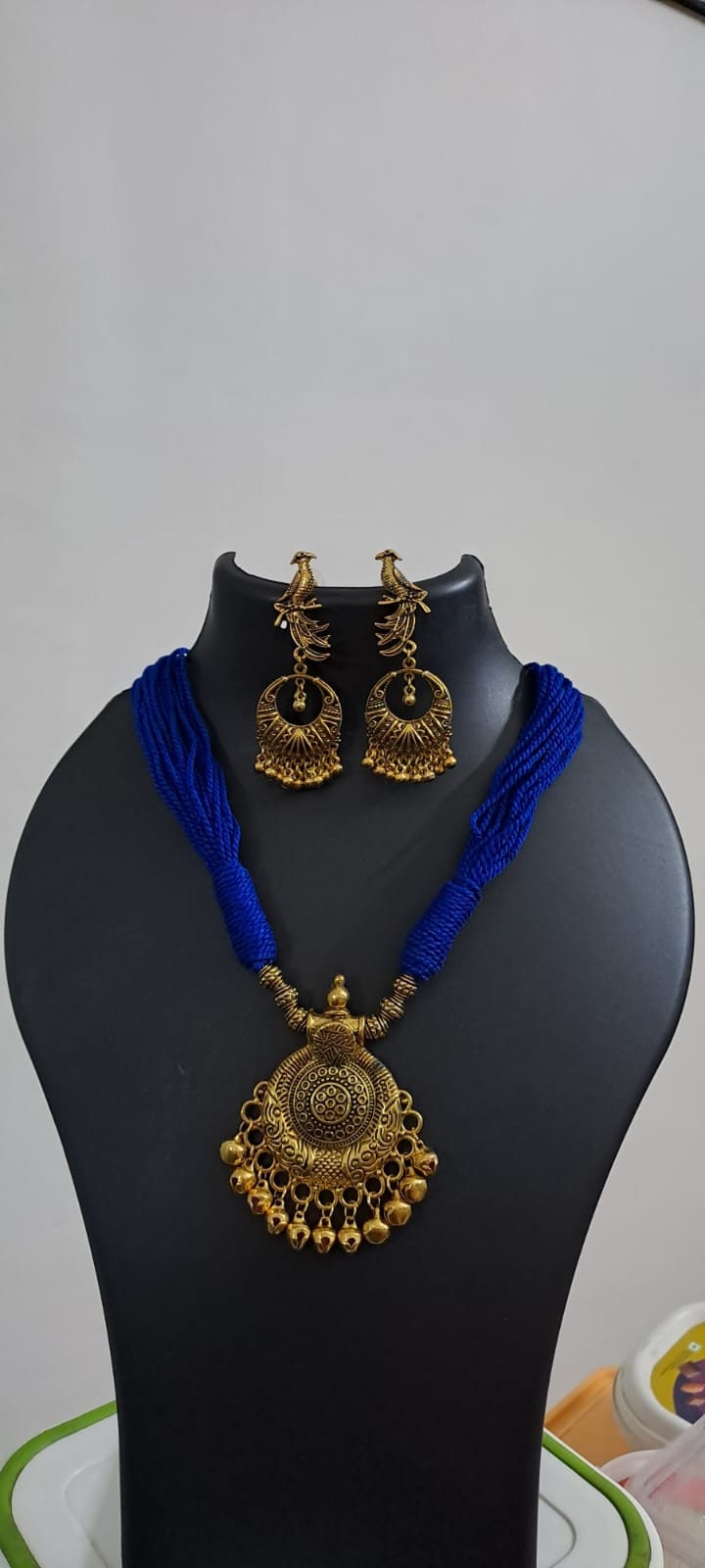 Blue thread necklace with Golden oxidised traditional pendant