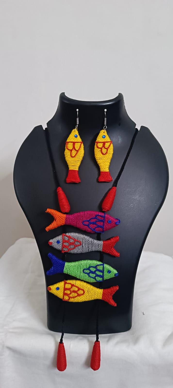 Multi colour crochet thread necklace with fish pendant and matching thread earrings