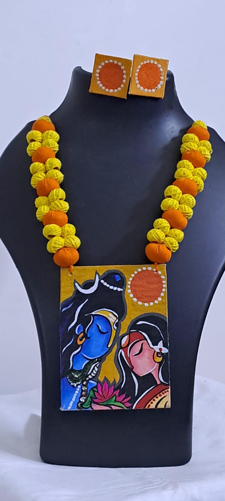 Handpainted fabric jewellery set with matching earrings