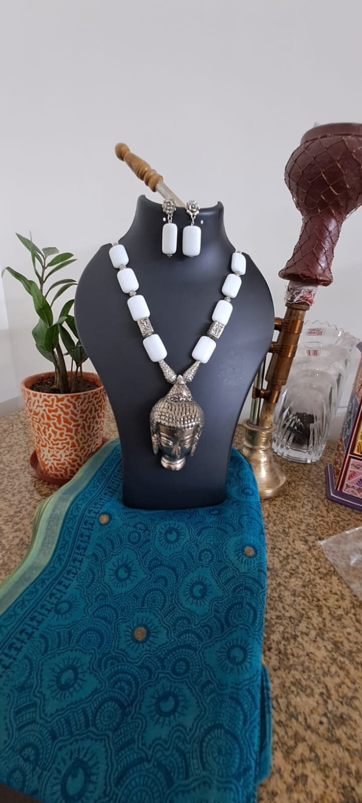 white square glass beads necklace with buddha pendant