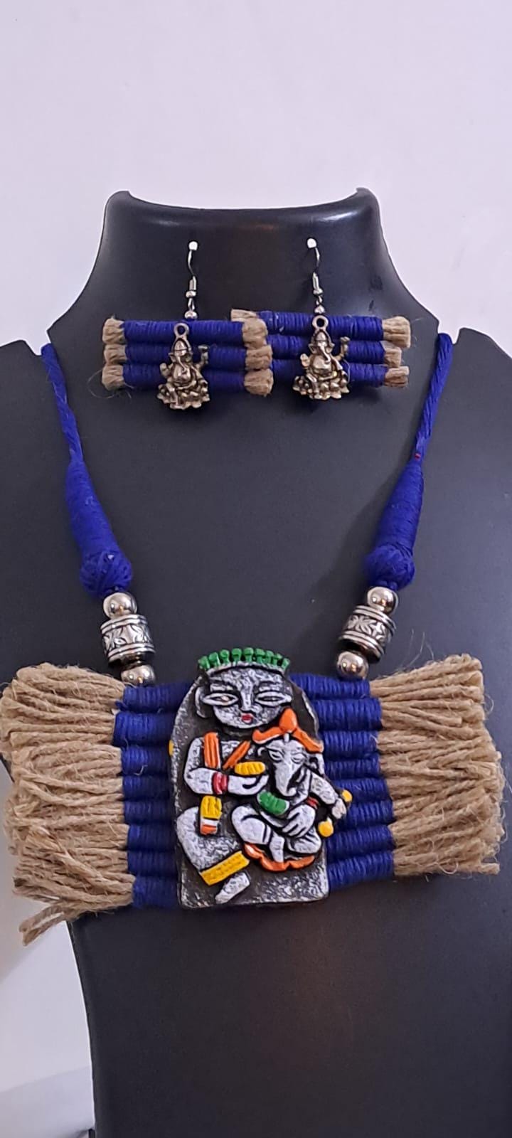 Terracotta Ganesha & Parvati pendant jute necklace set with matching earrings