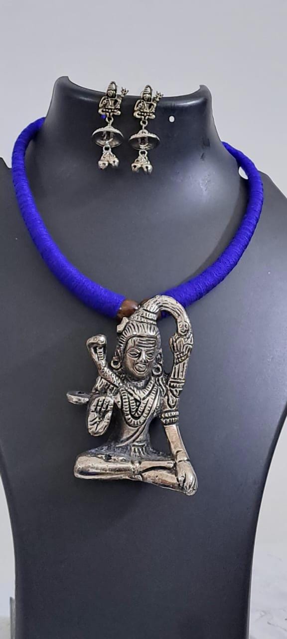 Blue thread necklace with silver oxidised lord shivji pendant