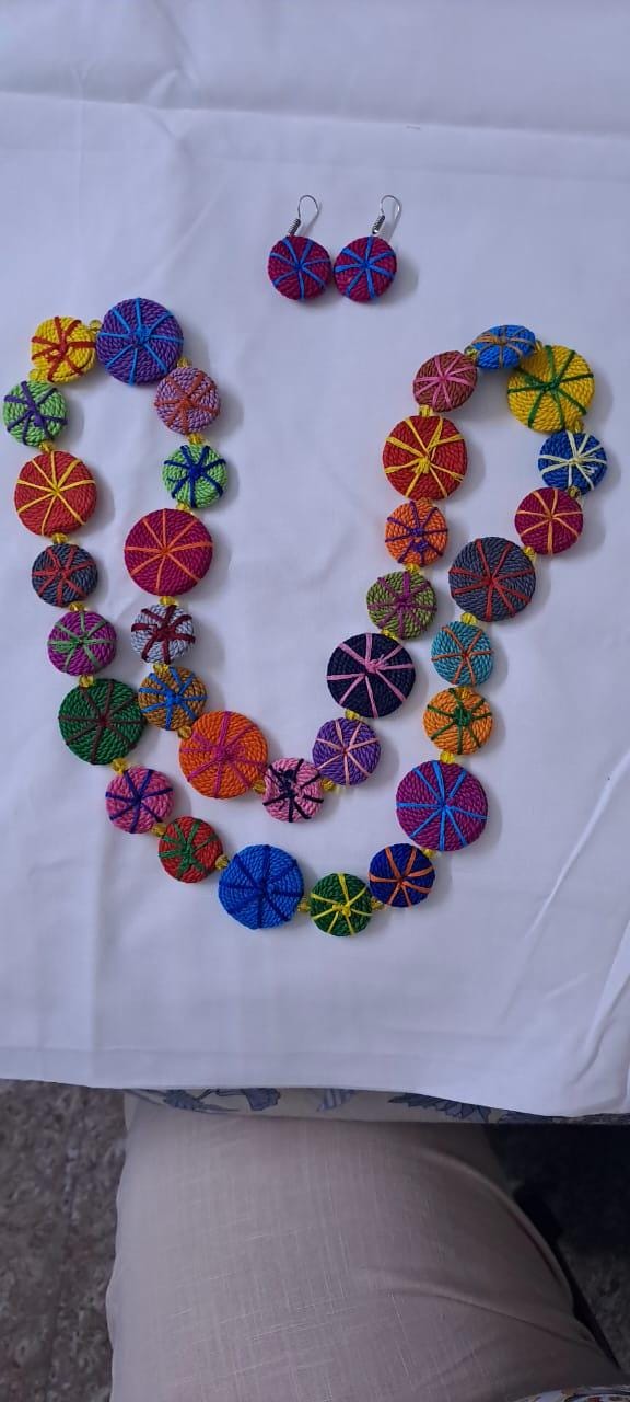 Exclusive multicoloured flat thread beads long necklace set with matching earrings (pink)