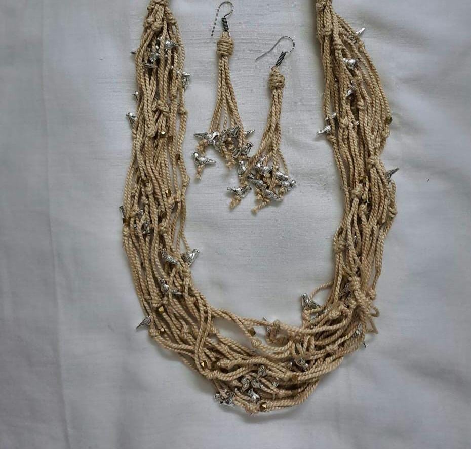 Exclusive handmade thread necklace set with silver oxidised bird beads and matching earrings