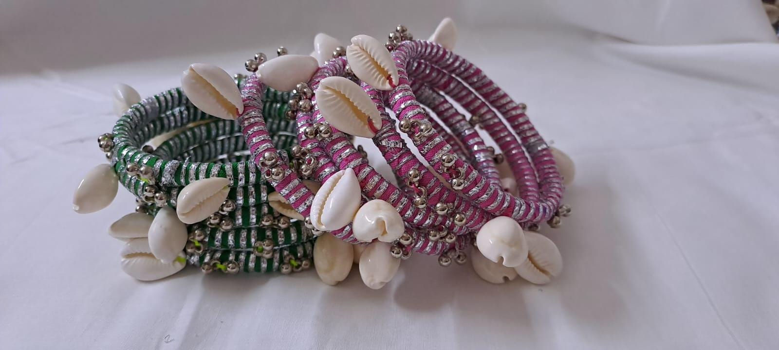 Pink and green colour traditional zari thread and kori bangles (set of 10 bangles)