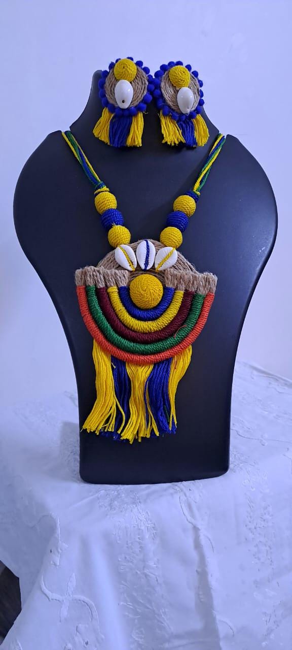 Exclusive multicoloured thread necklace set with jute n thread pendant n matching earrings