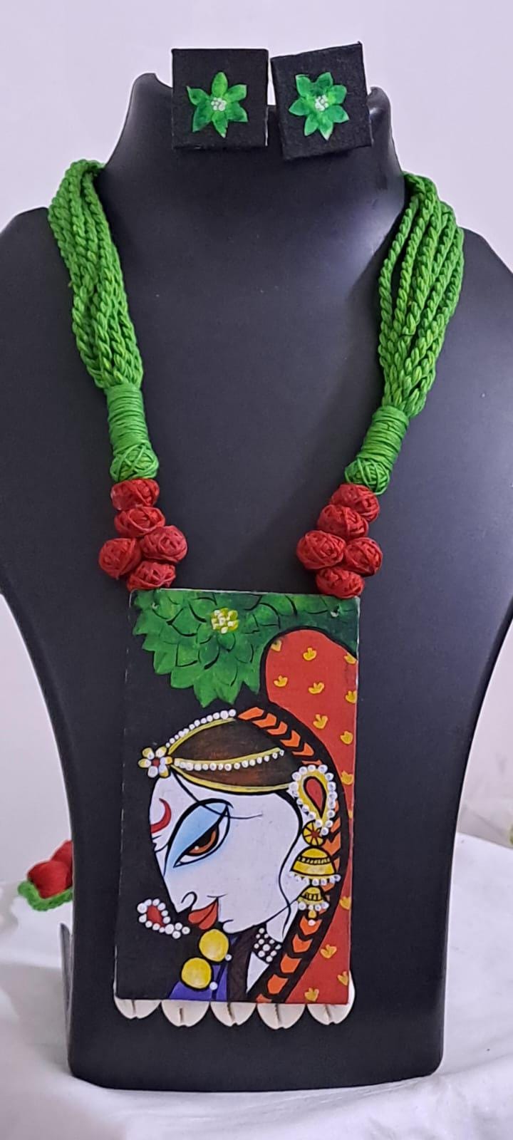 Handpainted fabric jewellery set with matching earrings