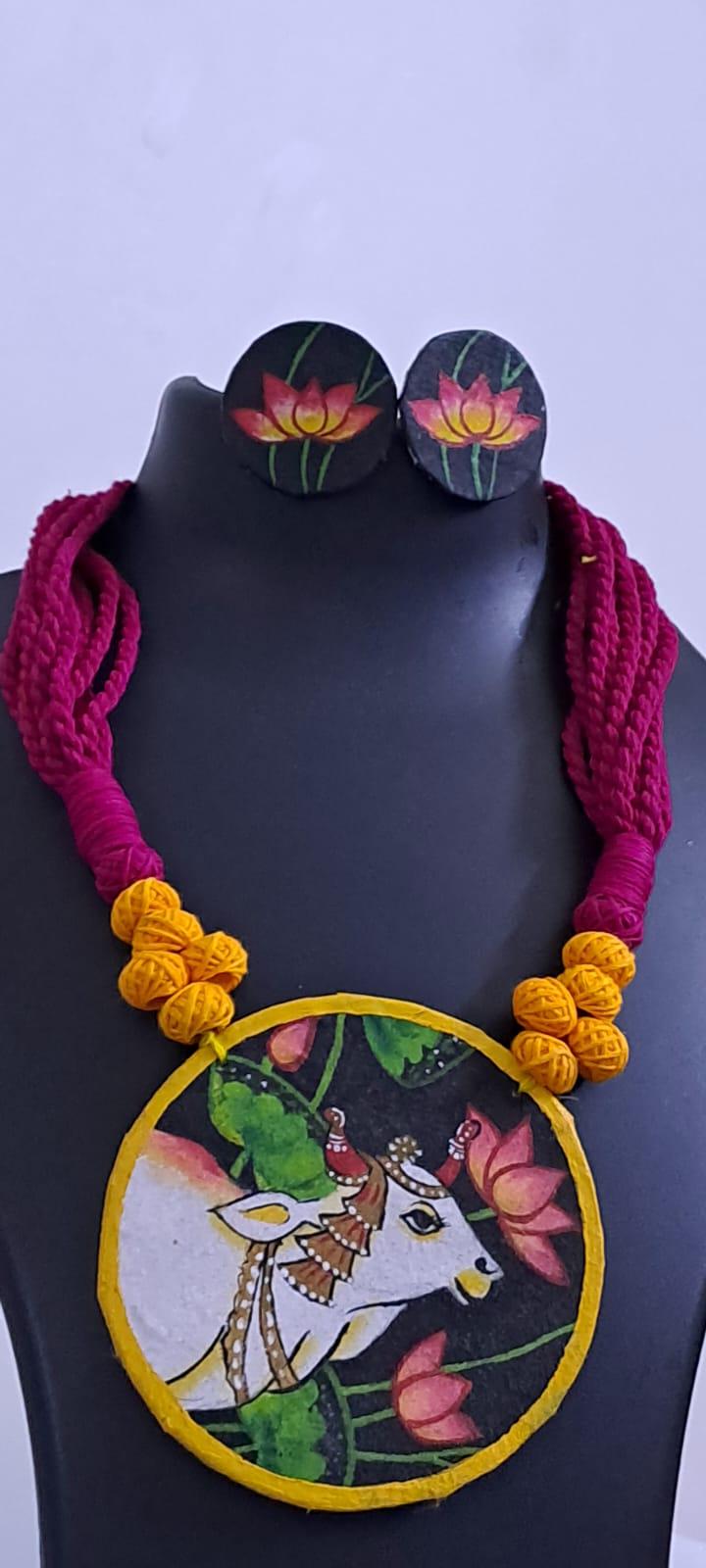 Handpainted fabric jewellery set with matching earrings