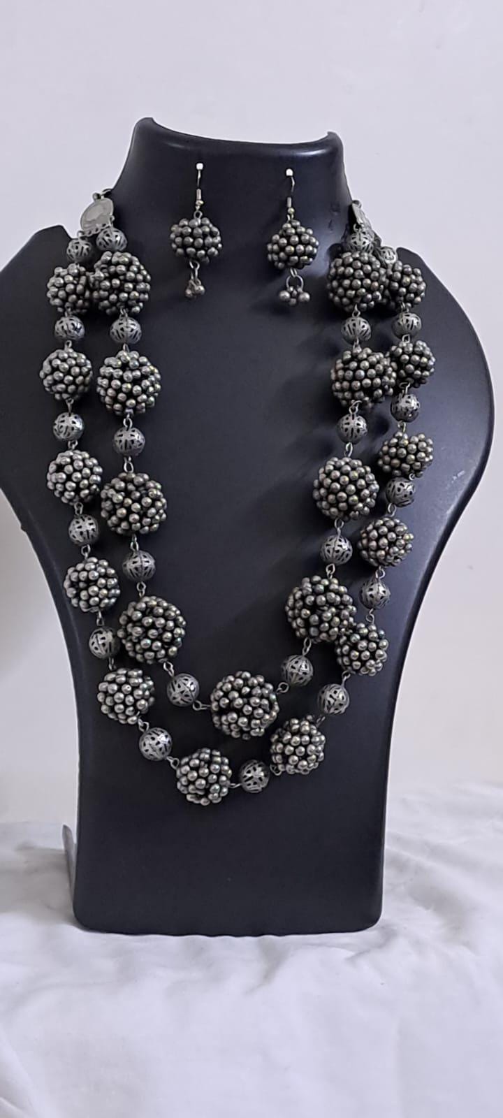 Exclusive silver oxidised long chain set with matching earrings