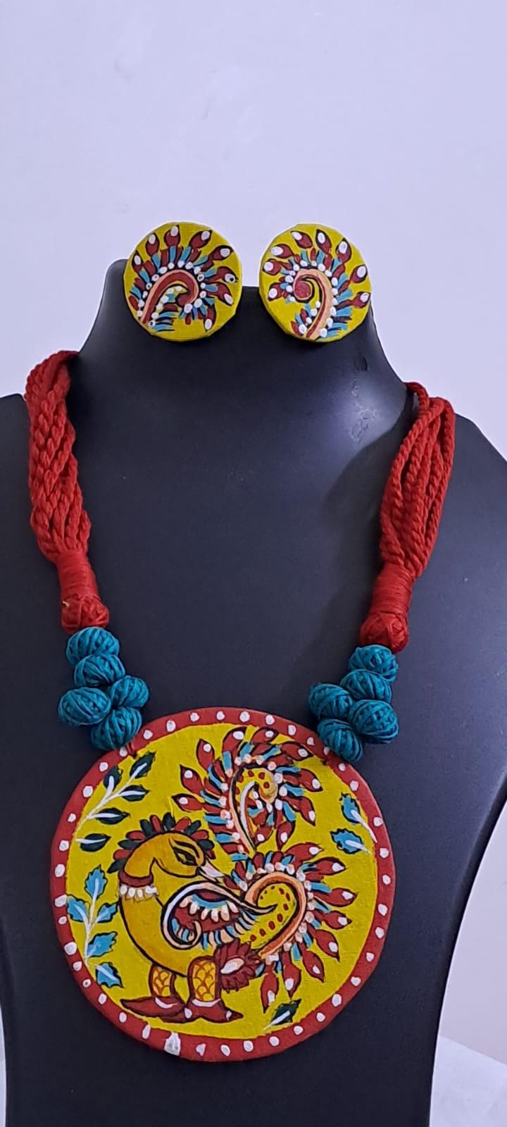 Handpainted fabric necklace set with earrings
