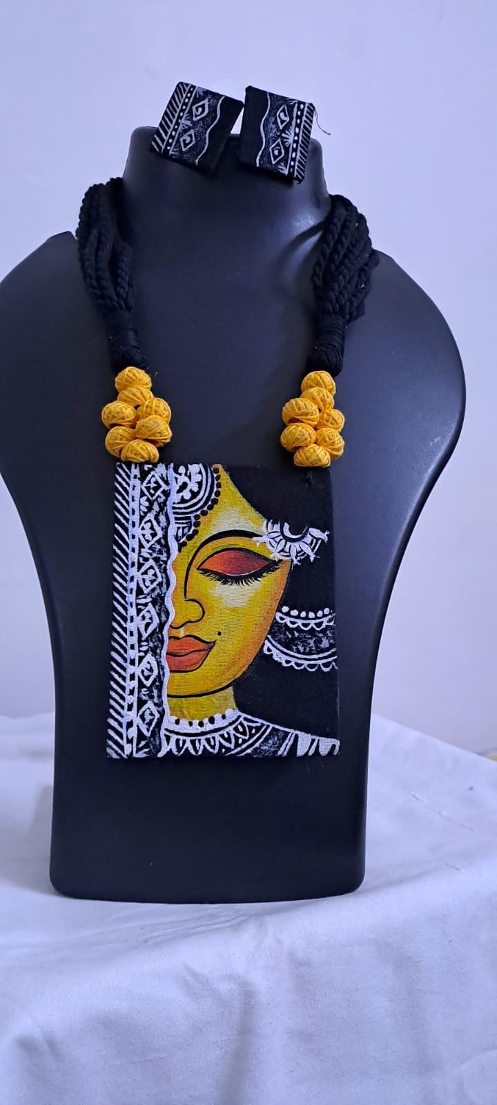 Handpainted fabric necklace set with earrings