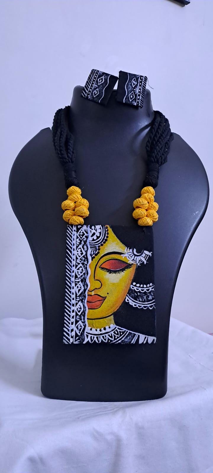 Handpainted fabric necklace set with earrings