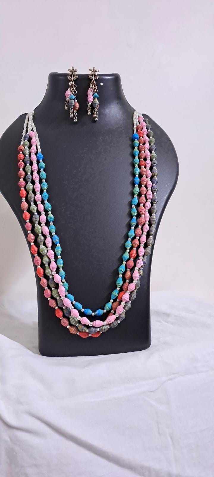 Blue, pink, grey n red paper beads necklace set