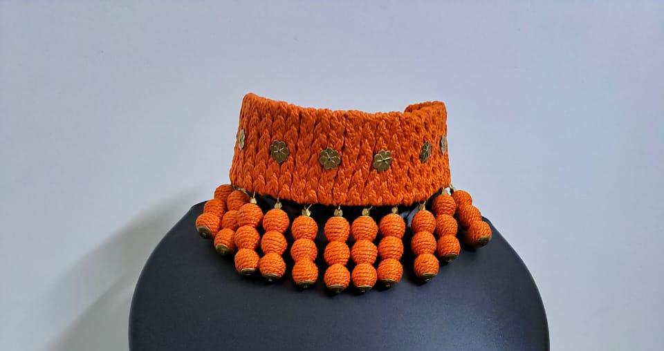 Orange braided choker necklace set with fringes and matching earrings