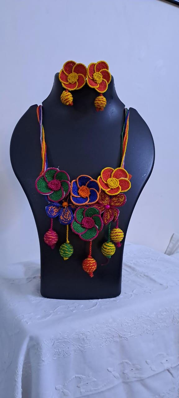 Multi colour flower thread necklace with thread bead fringes and matching earrings