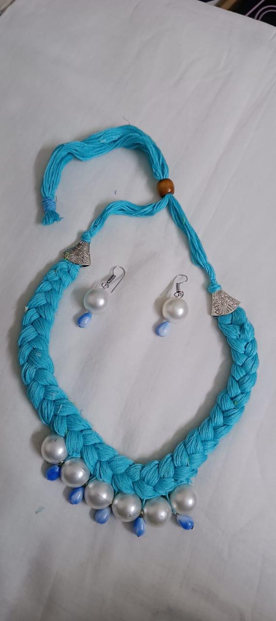 Blue  braided thread necklace with pearl n pearl danglers