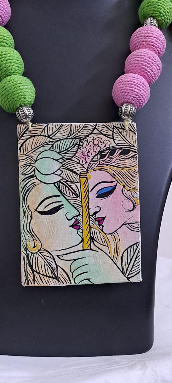 Handpainted fabric necklace set with earrings