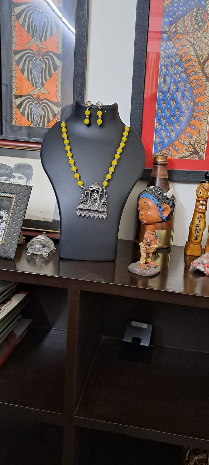 Yellow glass beads necklace with oxidised silver pendant