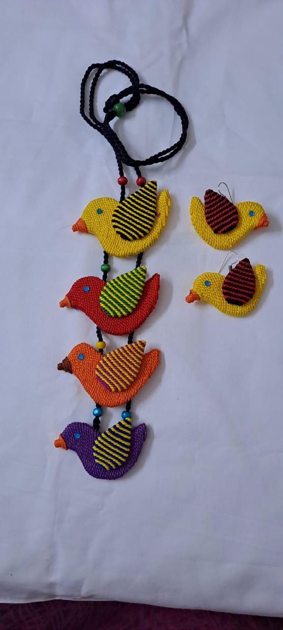 Multi coloured bird necklace and matching earrings
