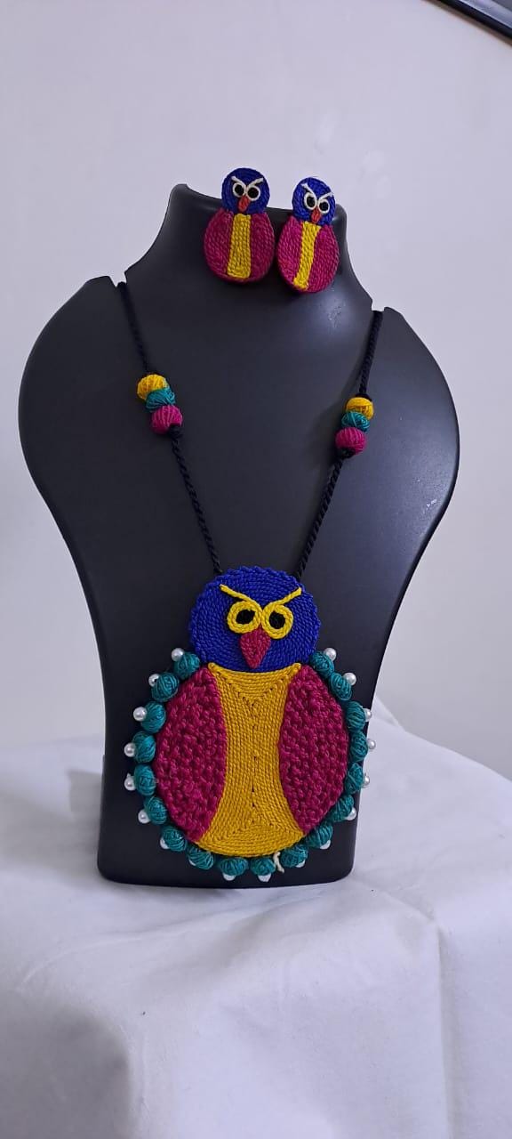 Handmade thread jewellery necklace set with owl pendant and matching earrings