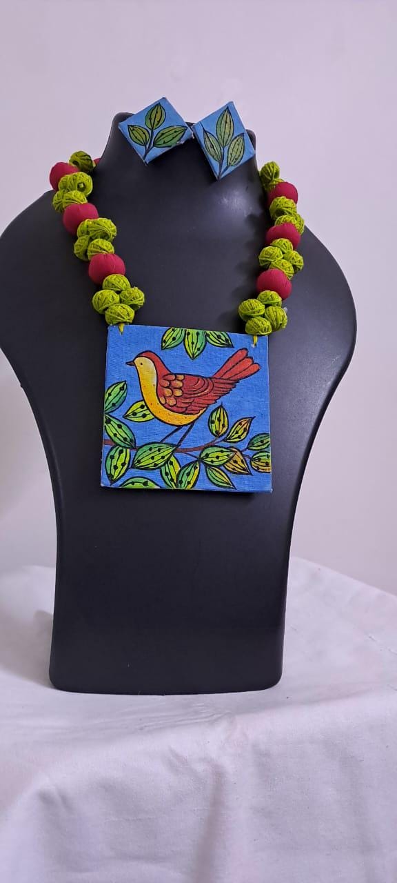 Handpainted fabric jewellery set with matching earrings