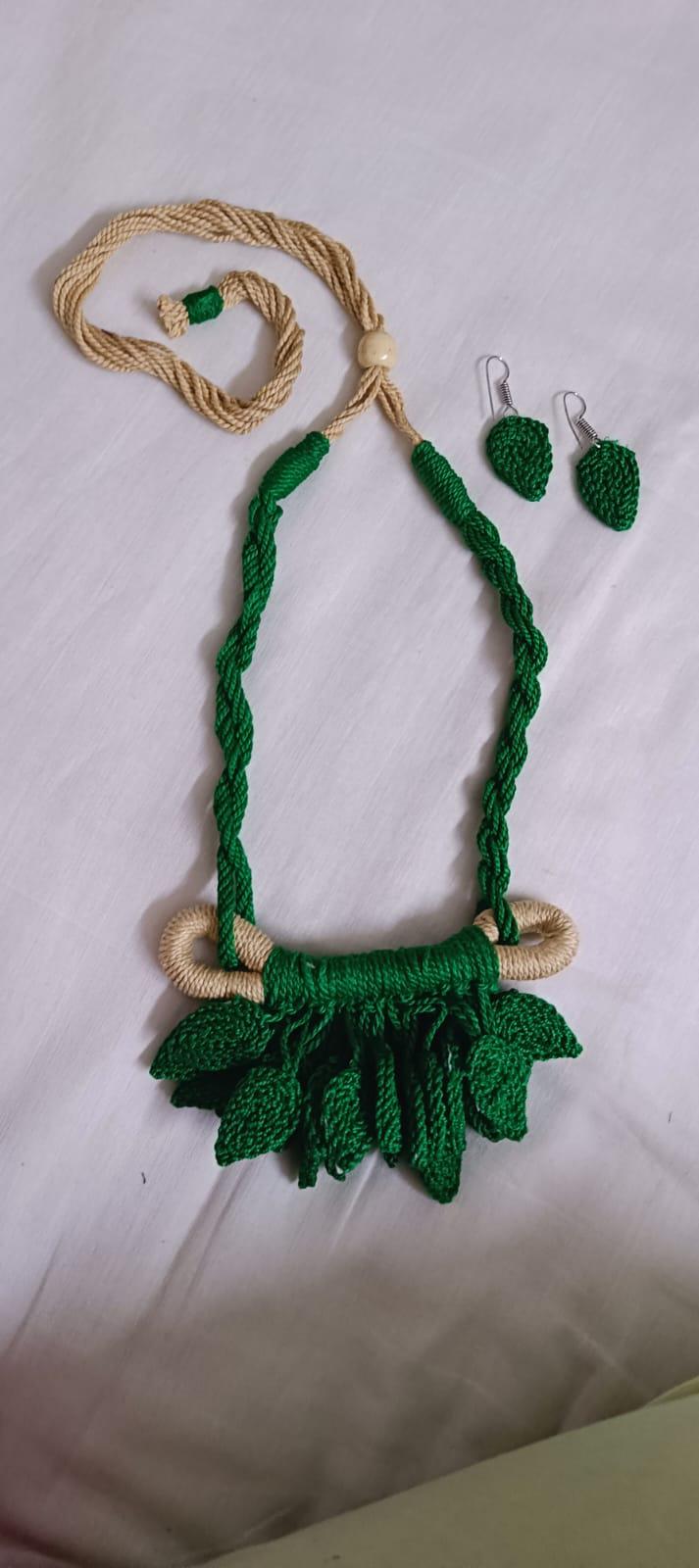 Green Crochet thread necklace set with leaf fringes and matching earrings