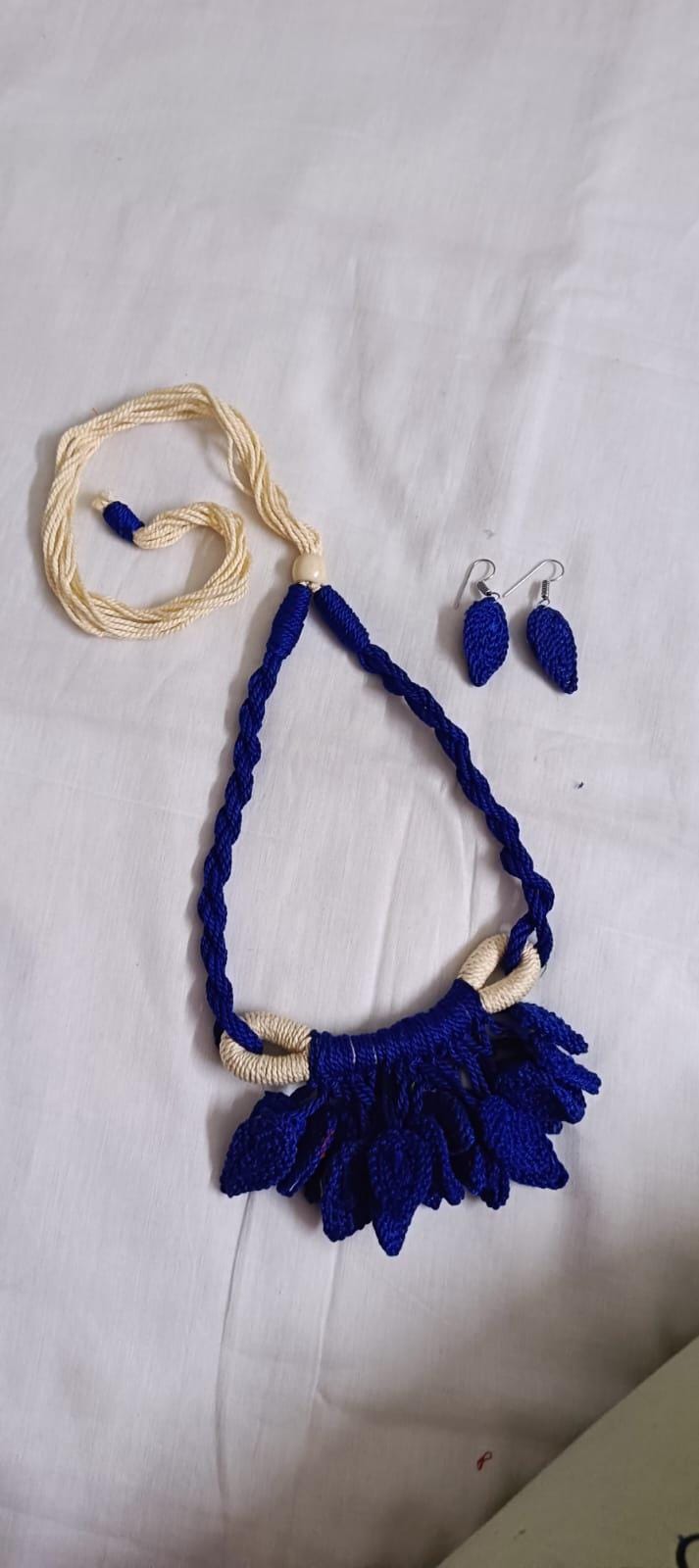 Dark Blue Crochet thread necklace set with leaf fringes and matching earrings