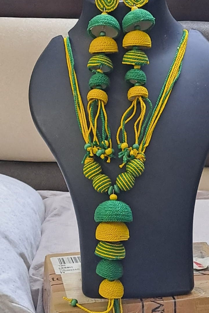 Yellow and Green thread necklace with matching thread earrings.