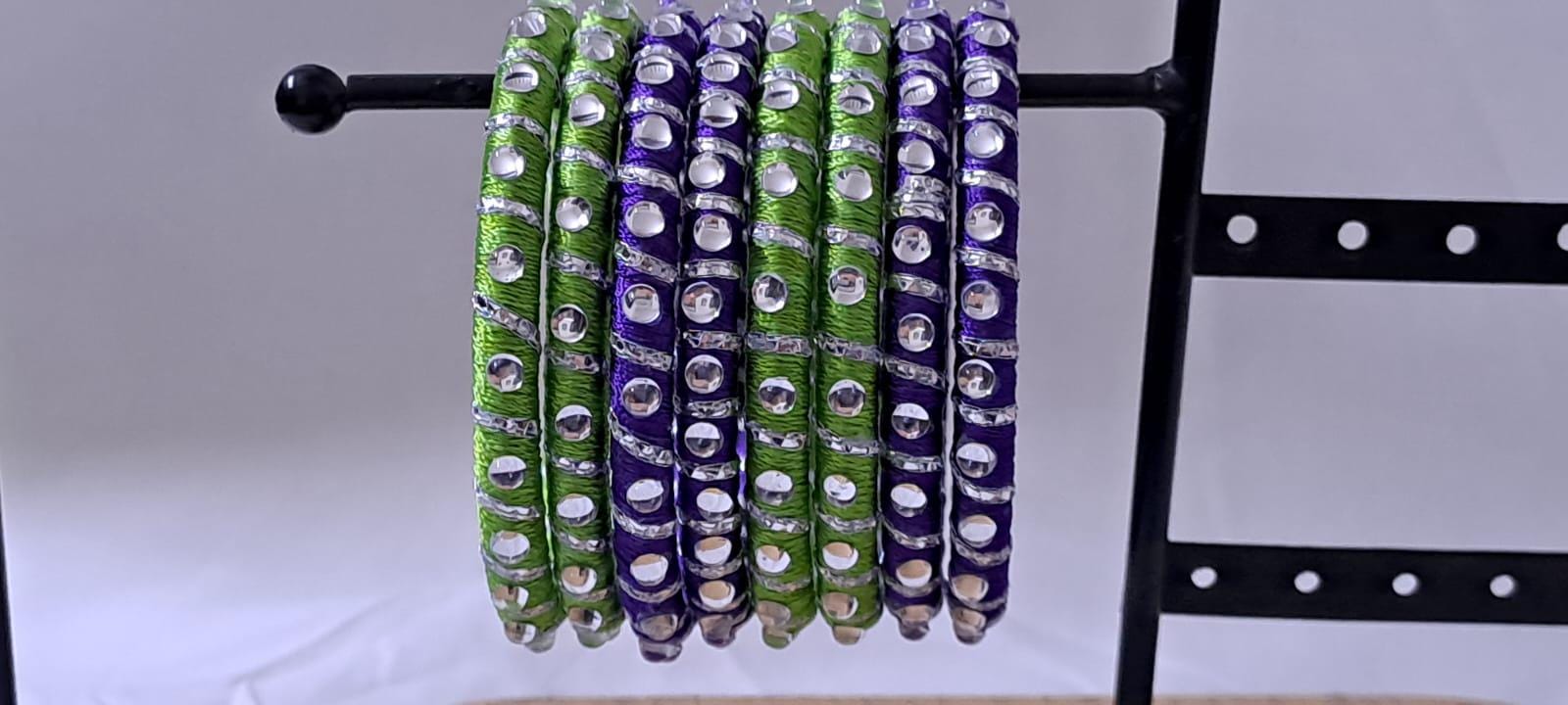 Purple and Green colour traditional kundan n gotta patti bangles with zari box  (set of 8 bangles)