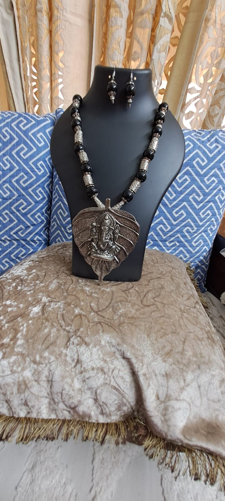 Black glass beads necklace with silver oxidised ganesha pendant