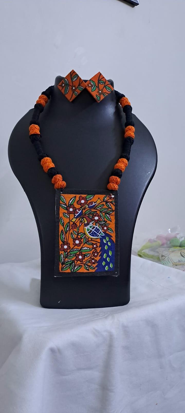 Handpainted fabric jewellery set with matching earrings