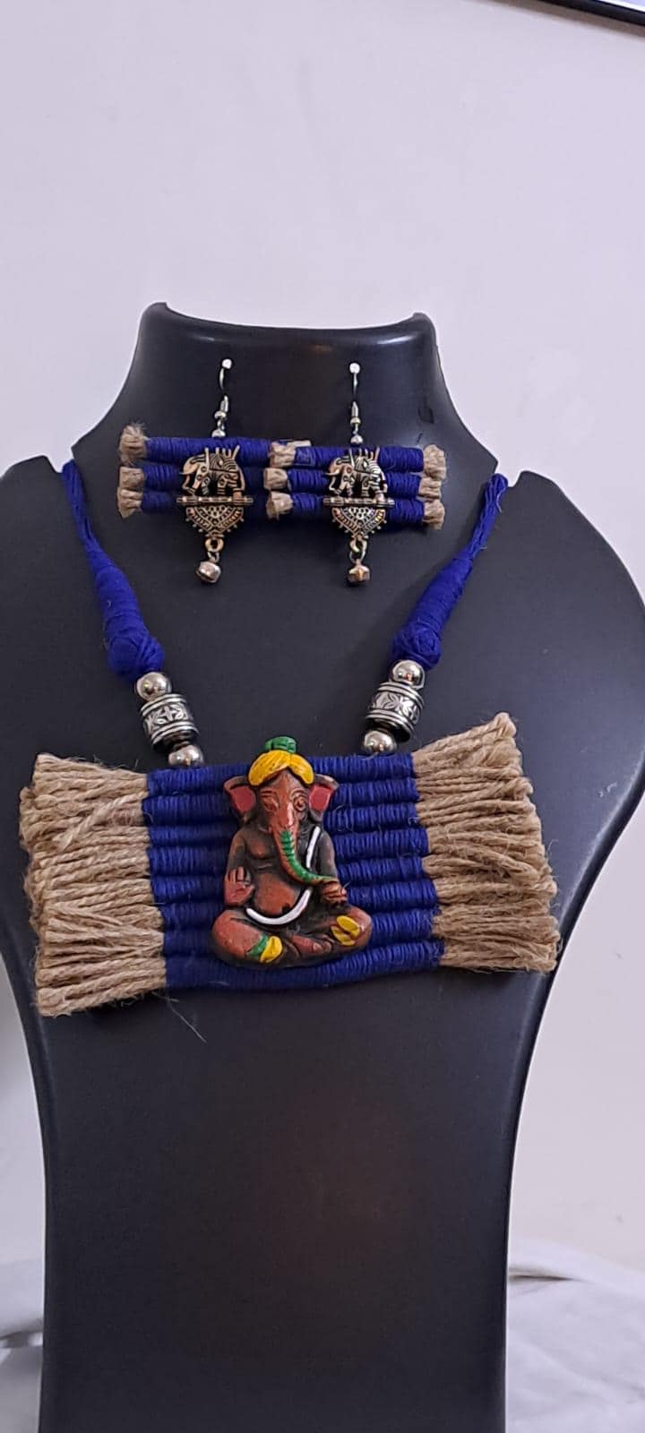 Terracotta Ganesha pendant jute necklace set with matching earrings