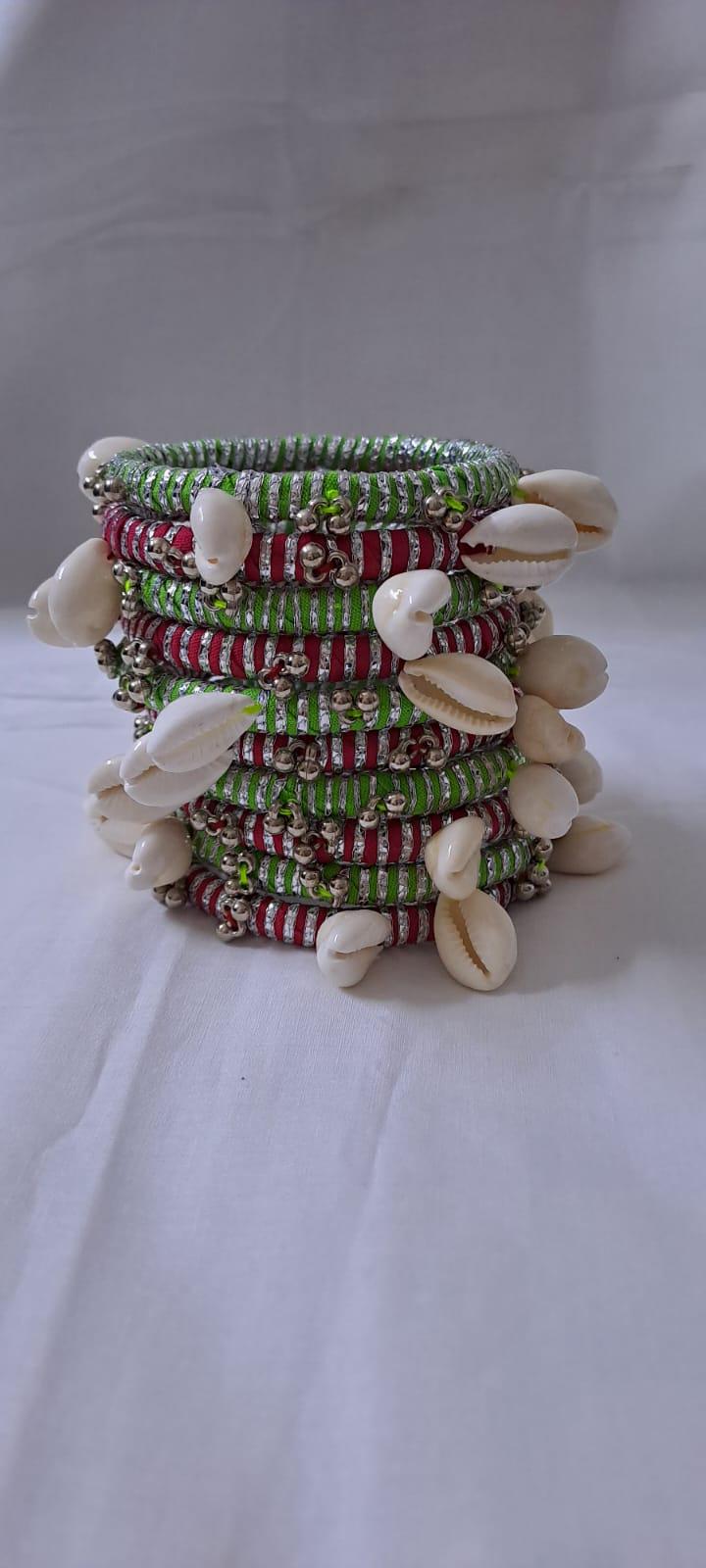 Red and green colour traditional zari thread and kori bangles (set of 10 bangles)