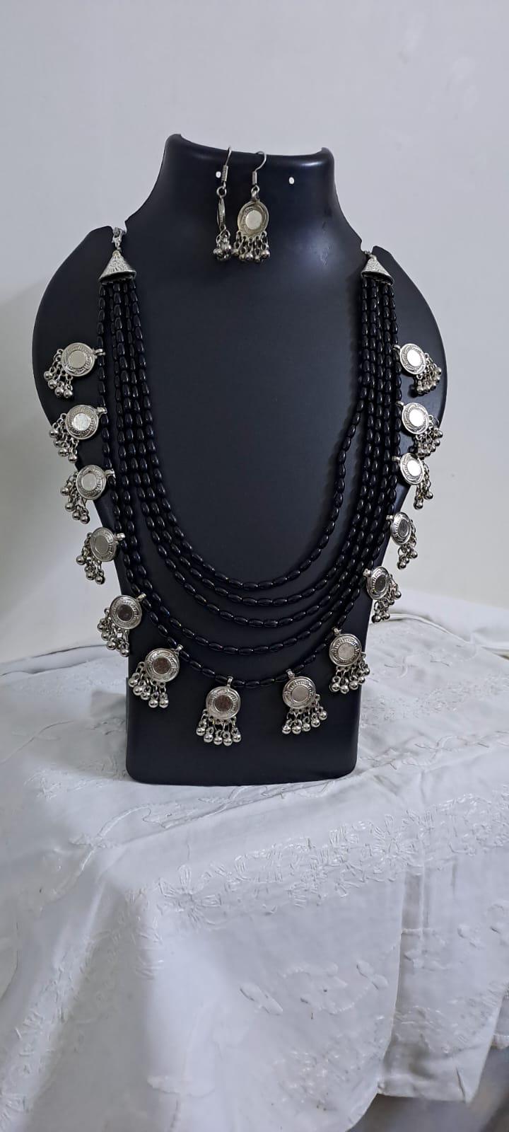 Exclusive multi layered  black glass beads necklace set with silver oxidised charms n matching earrings