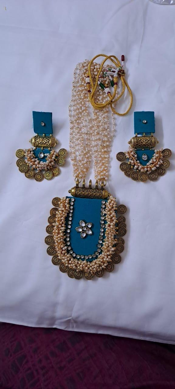 Exclusive Indian traditional blue fabric necklace with laural beads and kundan n matching earrings