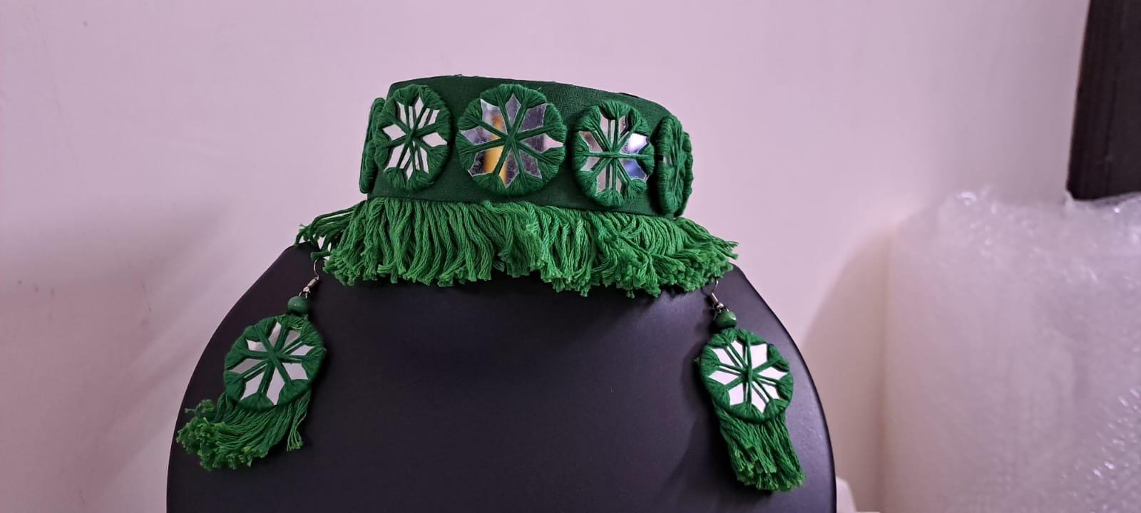 Handmade Kutch Glass work choker necklace with glass work earrings