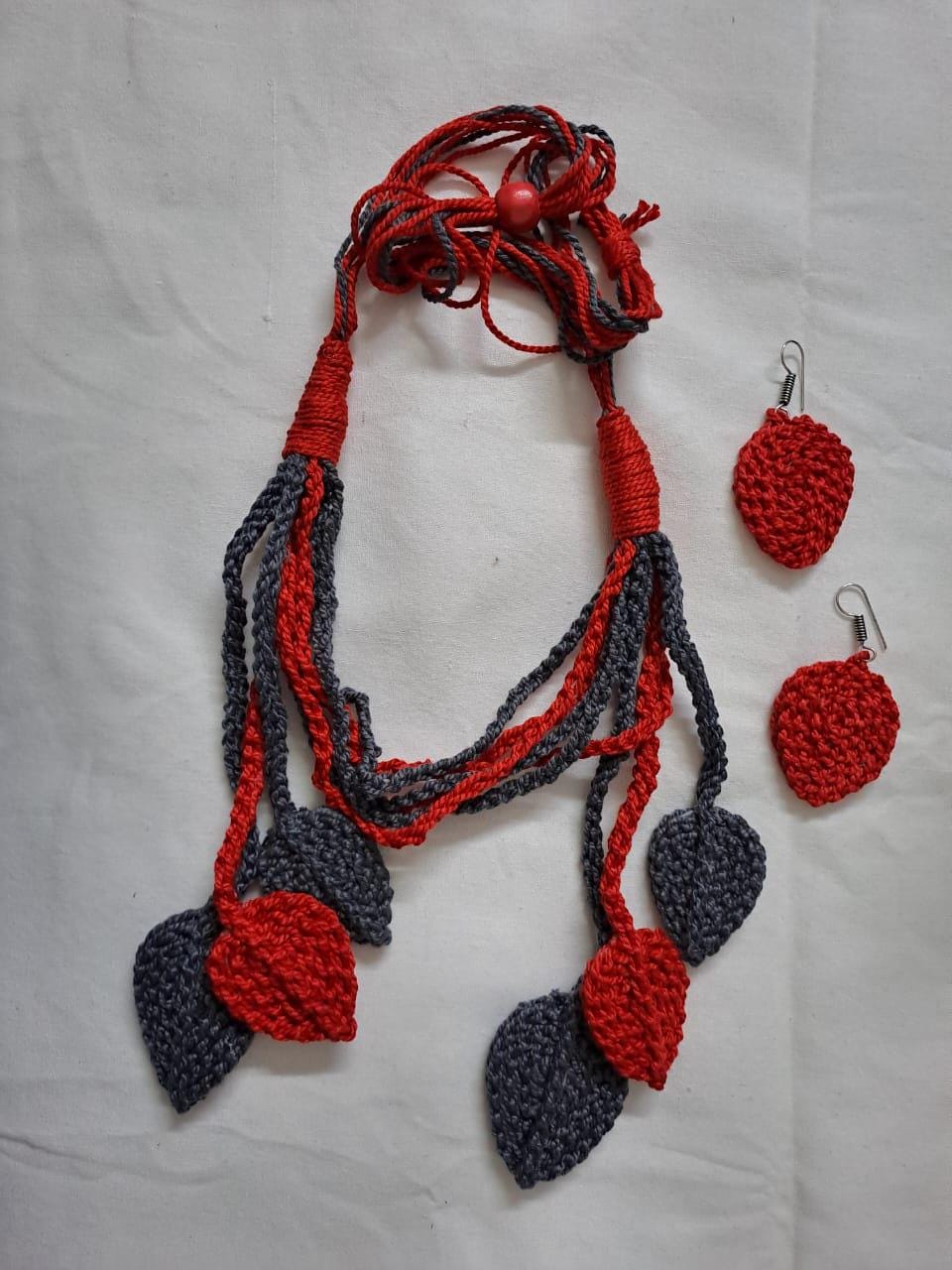 Crochet leaf necklace set with matching earrings