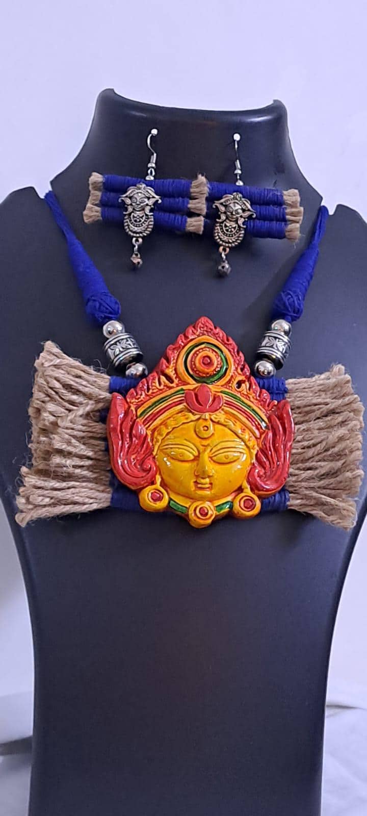 Terracotta Durga pendant jute necklace set with matching earrings