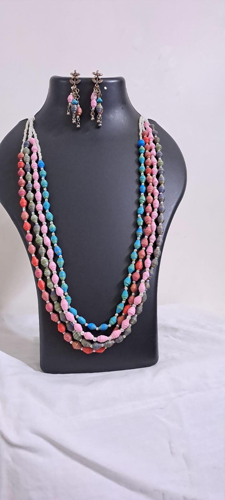 Blue, pink, grey n red paper beads necklace set