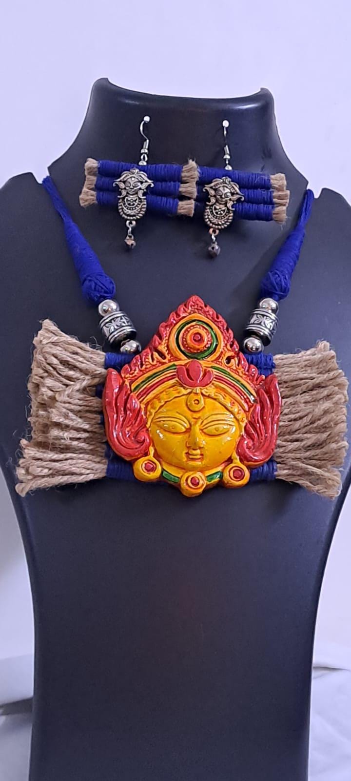Terracotta Durga pendant jute necklace set with matching earrings