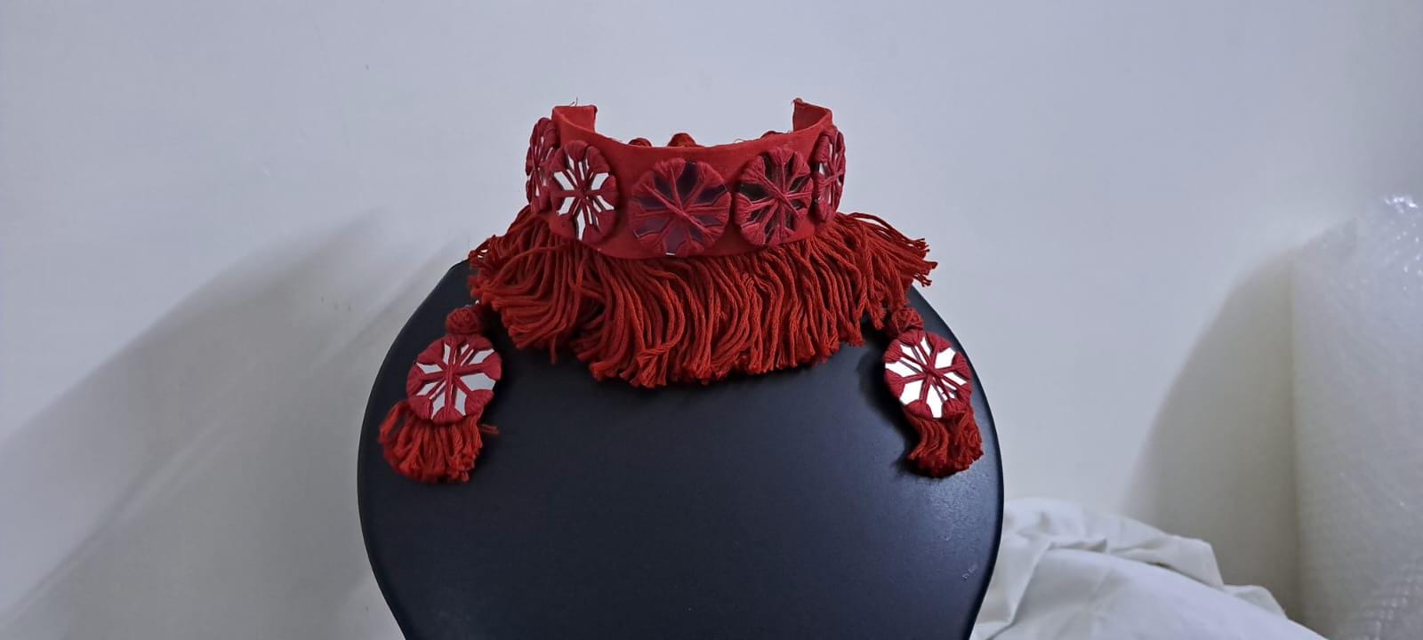 Red thread n Glass work handmade choker necklace with glass work earrings