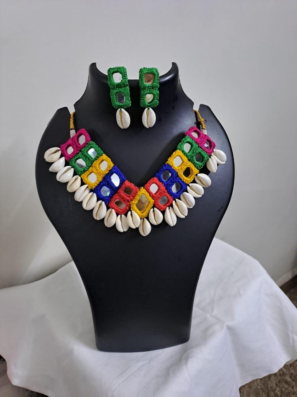 Kutchwork glass necklace set with shell fringes n matching earrings