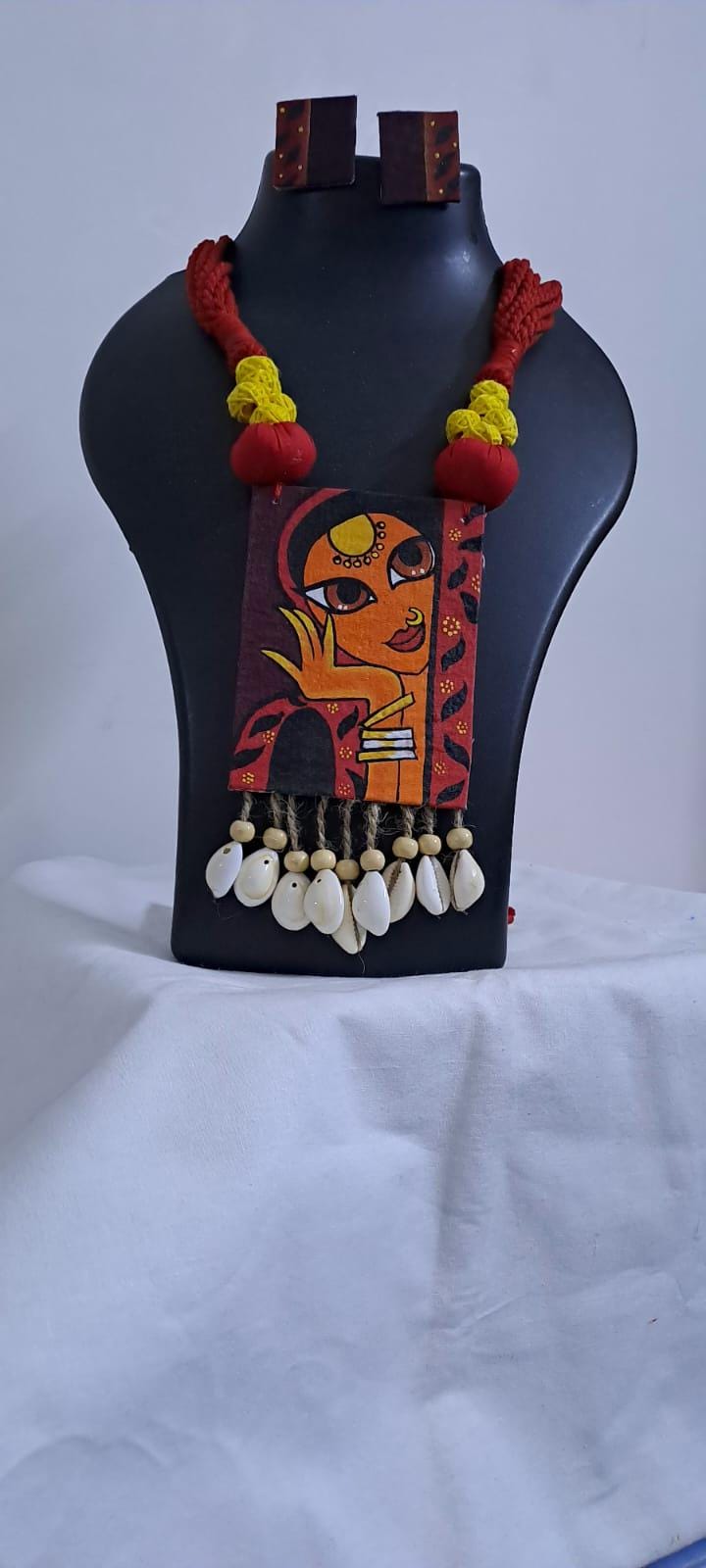 Handpainted fabric necklace set with earrings