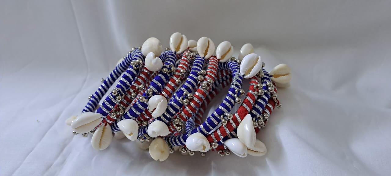 Red and blue colour traditional zari thread and kori bangles (set of 10 bangles)
