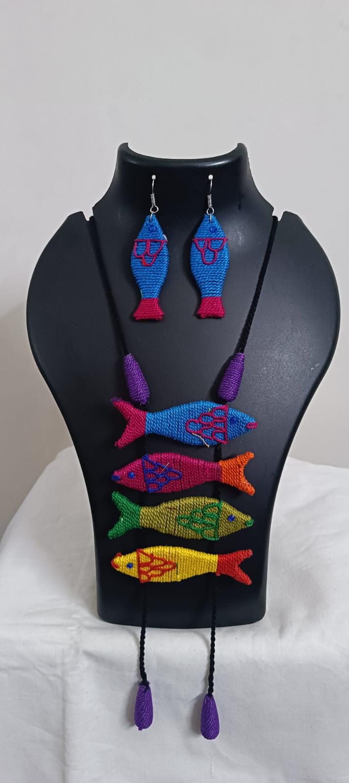 Multi colour crochet thread necklace with fish pendant and matching thread earrings
