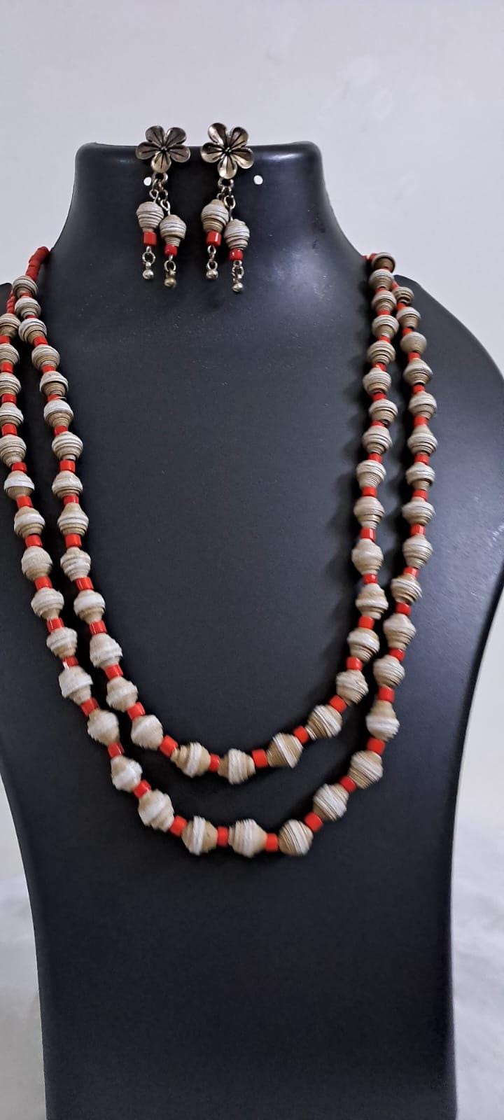 Brown paper beads n red glass beads necklace set