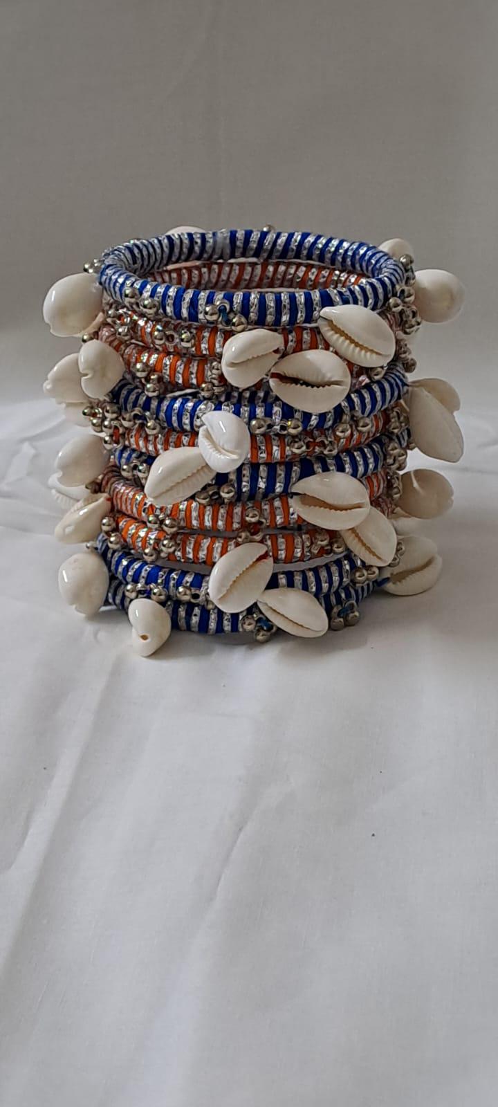 Orange and blue colour traditional zari thread and kori bangles (set of 10 Bangles)