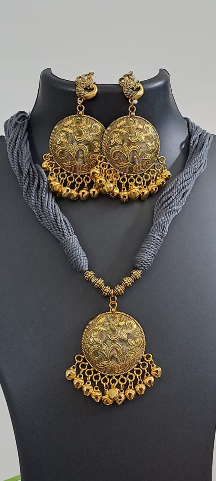 Grey thread necklace with Golden oxidised traditional pendant